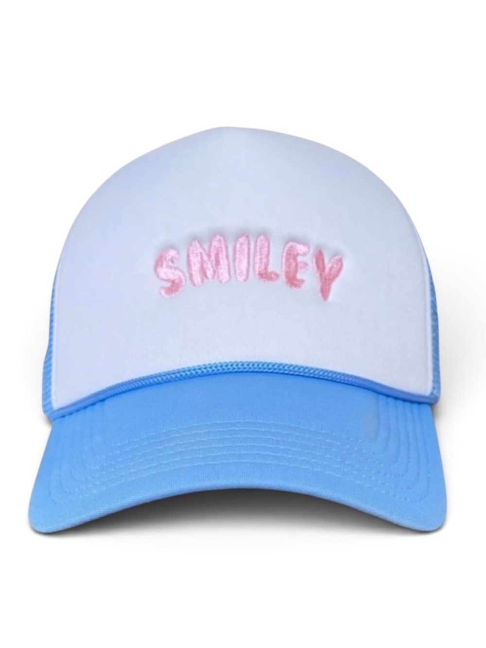 NEW White and Light Blue "SMILEY" Embroidered Trucker Hat